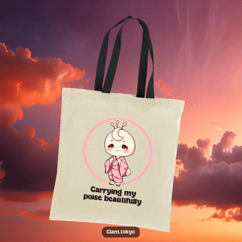Funny Tote Bag with a sophisticated clam character in a silk kimono, posing elegantly, a chic and humorous accessory for daily use.