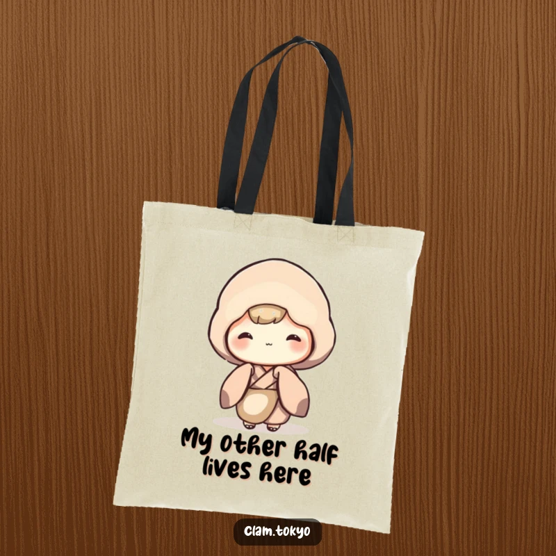 Funny Tote Bag illustrating a shy clam character in a muted kimono, peeking out, practical for daily use and humorous style.
