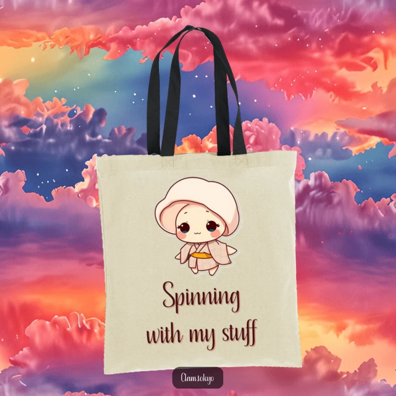 Funny clam wearing a patterned kimono gently spinning on a tote bag, elegant accessory.